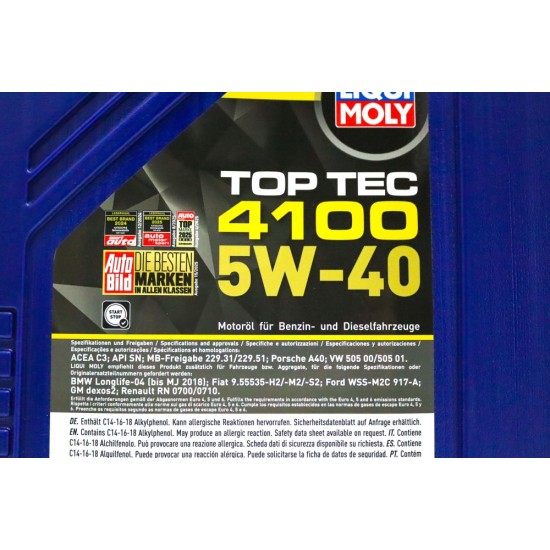 Liqui Moly SAE 5W-40 Top Tec 4100 Fully Synthetic Engine Oil ACEA C3 - 20L | LM3702