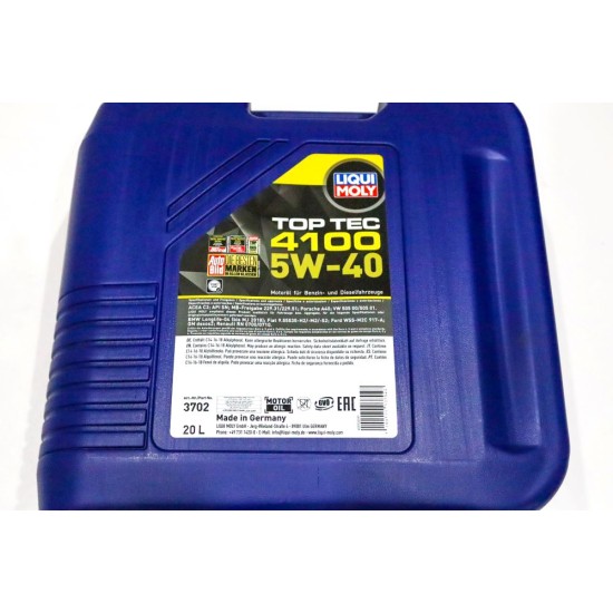 Liqui Moly SAE 5W-40 Top Tec 4100 Fully Synthetic Engine Oil ACEA C3 - 20L | LM3702
